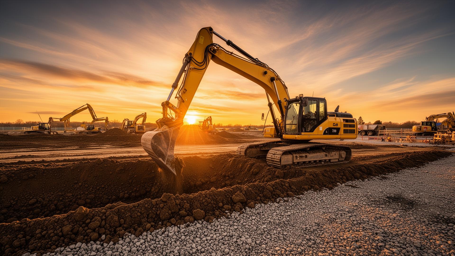 Excavator working at sunset
